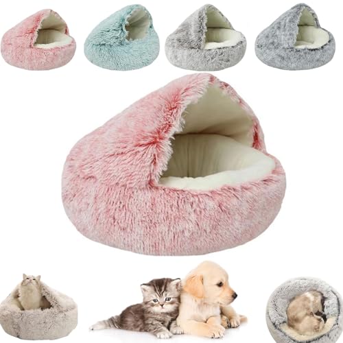 Kleines Hundebett, Katzenbetten für Innenkatzen, waschbar, Katzenbett, rund, Plüsch, flauschig, mit Kapuze, beruhigendes Katzenbett für kleine, mittelgroße Haustiere (Rosa, kurzer Samt, 40 x 40 cm) von YEHOOM