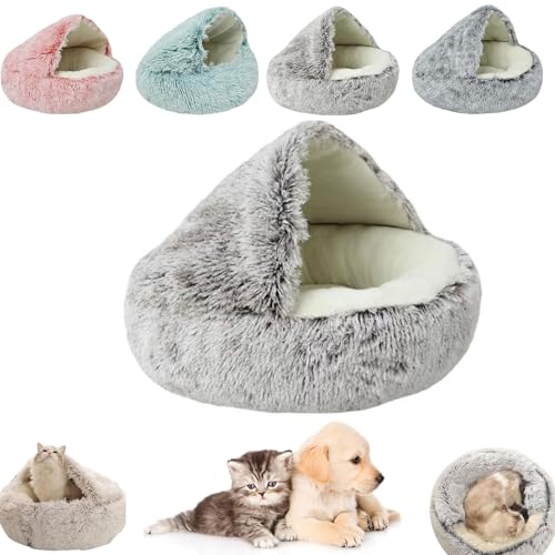 Kleines Hundebett, Katzenbetten für Innenkatzen, waschbar, Katzenbett, rund, Plüsch, flauschig, mit Kapuze, beruhigendes Katzenbett für kleine, mittelgroße Haustiere (brauner kurzer Samt, 40 x 40 cm) von YEHOOM