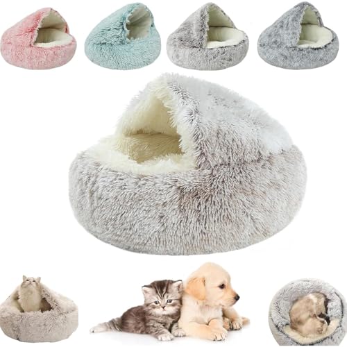 Kleines Hundebett, Katzenbetten für Innenkatzen, waschbar, Katzenbett, rund, Plüsch, flauschig, mit Kapuze, beruhigendes Katzenbett für kleine, mittelgroße Haustiere (brauner langer Samt, 40 x 40 cm) von YEHOOM