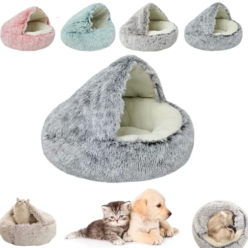 Kleines Hundebett, Katzenbetten für Innenkatzen, waschbar, Katzenbett, rund, Plüsch, flauschig, mit Kapuze, beruhigendes Katzenbett für kleine, mittelgroße Haustiere (grauer, kurzer Samt, 40 x 40 cm) von YEHOOM