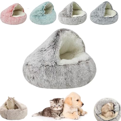 Kleines Hundebett, Katzenbetten für Innenkatzen, waschbar, Katzenbett, rund, Plüsch, flauschig, mit Kapuze, beruhigendes Katzenbett für kleine, mittelgroße Haustiere (grauer, langer Samt, 50 x 50 cm) von YEHOOM