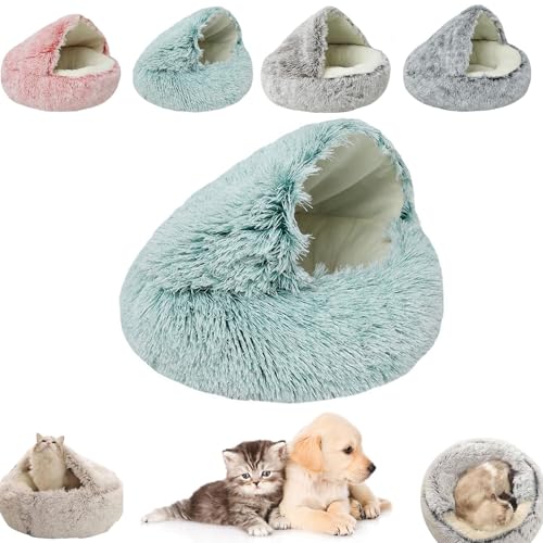 Kleines Hundebett, Katzenbetten für Innenkatzen, waschbar, Katzenbett, rund, Plüsch, flauschig, mit Kapuze, beruhigendes Katzenbett für kleine, mittelgroße Haustiere (grün, kurzer Samt, 50 x 50 cm) von YEHOOM