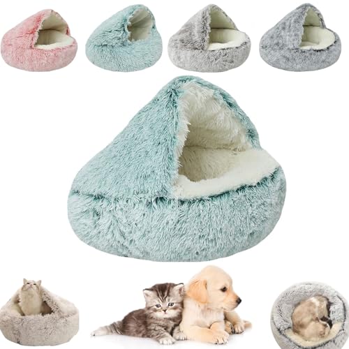 Kleines Hundebett, Katzenbetten für Innenkatzen, waschbar, Katzenbett, rund, Plüsch, flauschig, mit Kapuze, beruhigendes Katzenbett für kleine, mittelgroße Haustiere (grüner langer Samt, 40 x 40 cm) von YEHOOM