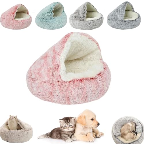 Kleines Hundebett, Katzenbetten für Innenkatzen, waschbar, Katzenbett, rund, Plüsch, flauschig, mit Kapuze, beruhigendes Katzenbett für kleine, mittelgroße Haustiere (rosa langer Samt, 40 x 40 cm) von YEHOOM