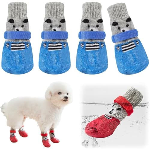 Wasserdichte Haustierschuhe, rutschfeste Hundesocken für Hartholzböden, rutschfester Pfotenschutz mit elastischen reflektierenden Riemen für mittelgroße und große und ältere Hunde (Blau, S) von YEHOOM