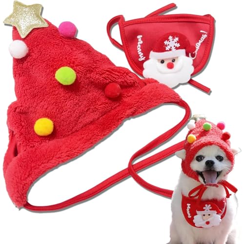 Weihnachtsmütze für Hunde, Weihnachtsmannmütze, Halstuch, Ohren, Haustierkostüm, Zubehör für Hunde und Katzen, Urlaub, Party, Cosplay, für kleine, mittelgroße Hunde und Katzen von YEHOOM