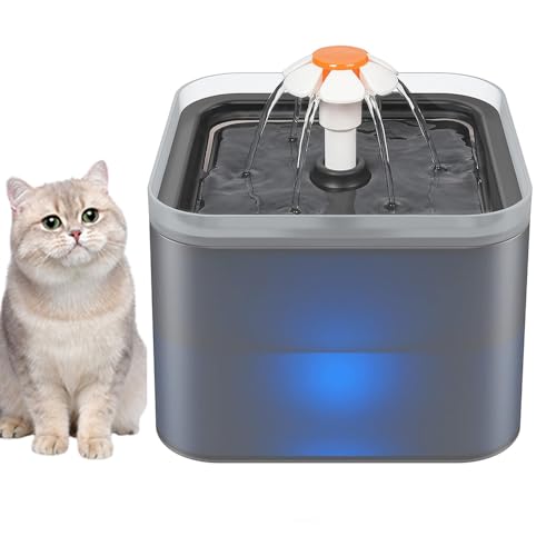 YENTAKE 2L Trinkbrunnen für Katze, Ultra-Silent Pet Automatic Drinker, Wasserspender mit LED-Leuchten, Trinkbrunnen für Katzen mit Vierfachem Filtrationssystem für Kleine und Mittlere Haustiere,Grau von YENTAKE