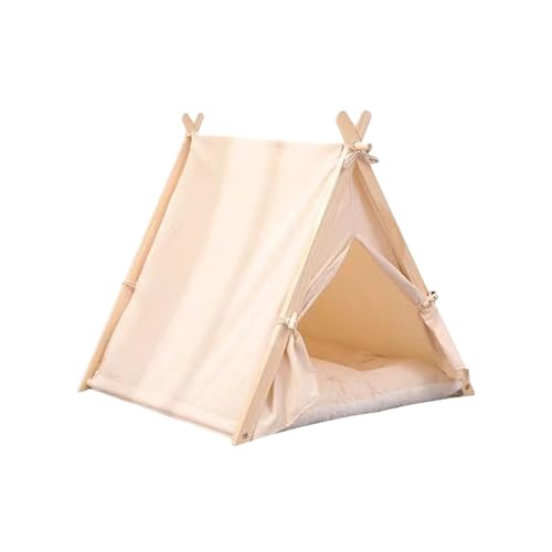 YENTAKE Katzenhöhle, Tipi Zelt für katzenbett und Hunde Haustierzelte, Holzständer Häuser mit Plüschkissen Hundezelt, Abnehmbar und Waschbar Katzenhaus Haustierhäuser, Katzenzelt (beige, 60x55x63cm) von YENTAKE