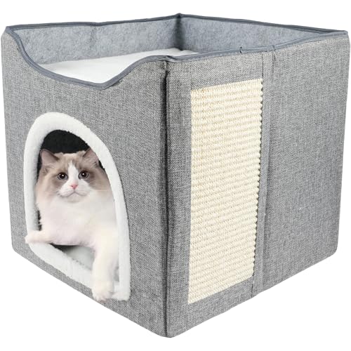 Faltbare Katzenhöhle aus Filz, Katzenhaus mit integriertem Kratzbrett, gemütliches Katzenbett für drinnen, 43 x 43 x 36 cm – Komfort und Spielspaß für Ihre Katze (Grau, 1 Stück) von YERENCY