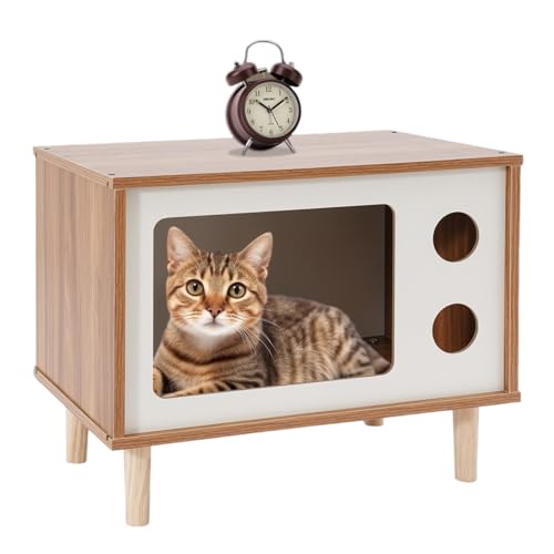 Massivholz Katzenhaus Premium Katzenkiste TV-Form Mit Fenster Katzenhütte Katzenunterstand Katzenbett Indoor Wetterfest Für Garten/Balkon Innen Und Draußen Hütte 50 * 29 * 40cm Walnuss von YESTAIM