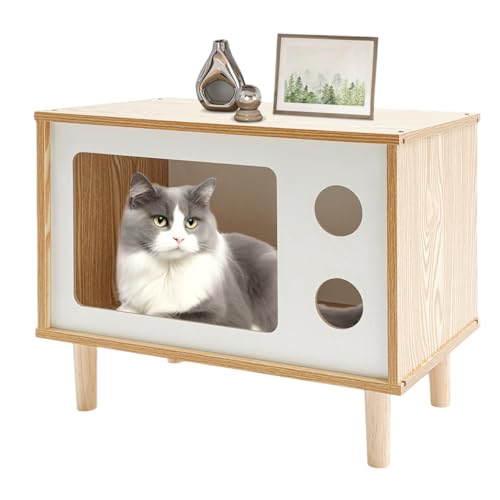 Premium Massivholz Katzenhaus Katzenkiste TV-Form Mit Fenster Katzenhütte Katzenunterstand Für Draussen Katzenbett Indoor Wetterfest Für Garten/Balkon Innen Und Draußen Hütte 50 * 29 * 40cm Hölzern von YESTAIM