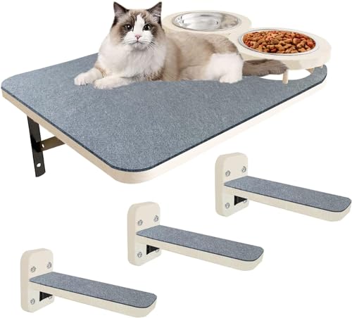 Kletterwand Katzen | Katzenhängematte mit 3 Stufen und 2 Katzenfutterregalen, wandmontierte Katzenregale, Katzenkratzbaum, Katzenwandregal, Katzenregale mit Plüschbezug und Sitzstangen von YEXEXINM