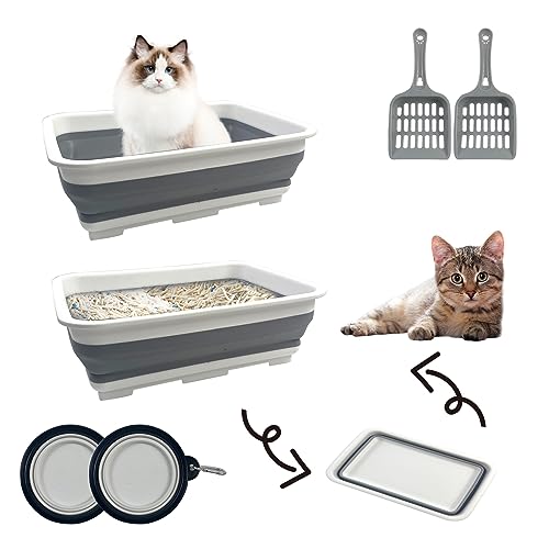 YEXEXINM 2 x faltbare offene Katzentoilette mit 2 Schaufeln und 2 Katzennäpfen, wasserdicht, niedriger Einstieg, Kätzchen-Töpfchen, halb geschlossene Reise-Toilette, niedriger Eingang, kleines von YEXEXINM