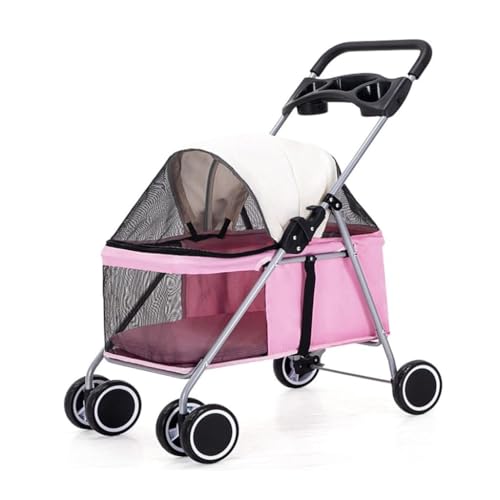 Hunde Kinderwagen Haustier-Kinderwagen, vierrädriger Kleiner Hunde-Kinderwagen, Faltbarer Kinderwagen, Leichter Haustier-Kinderwagen, Outdoor-Haustier-Kinderwagen Katzen Kinderwagen(Pink) von YGDYFDC