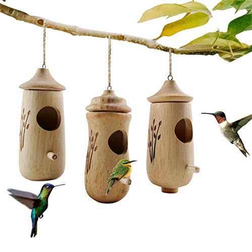 YGMXZL 3 Stück Natürliches Holz Kolibri Haus,Holz Vogelhäuser Kolibri Nest,Häuser Dekoration für Schwalben,Hängendes Kolibri Nesthaus für Garten hängend im Freien (A+B+C) von YGMXZL