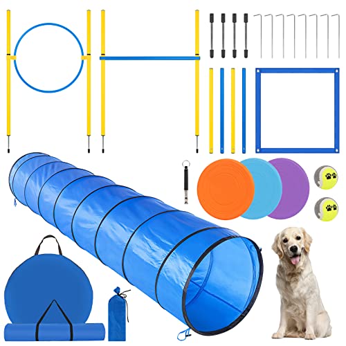 YGORTECH Agility Set Hunde Groß, Hunde Parcour Reaktionstraining für Hundetraining Zubehör mit 300CM Hundetunnel, Agility Hürden, Slalomstangen,Springring Hunde Agility Set von YGORTECH