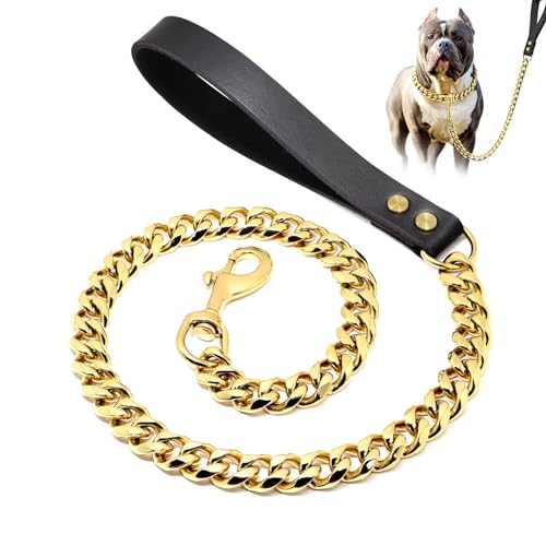 Goldene Hundeleine,Goldenes Hundekettenhalsband FüR GroßE Hunde,Edelstahl Mit Ledergriff,Metall,Robuste Hundeleine, Kubanische Glieder,Goldene Leine FüR Hunde(Size:120cm,Color:Gold) von YHJLZNA