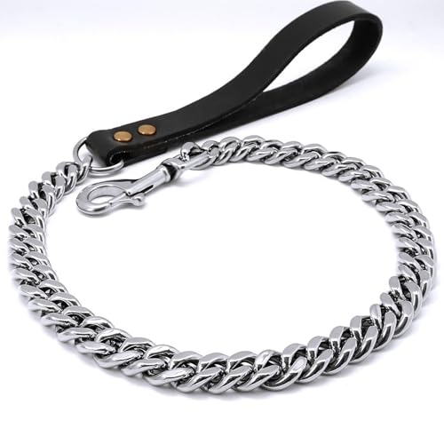 Goldene Hundeleine,Goldenes Hundekettenhalsband FüR GroßE Hunde,Edelstahl Mit Ledergriff,Metall,Robuste Hundeleine, Kubanische Glieder,Goldene Leine FüR Hunde(Size:90cm,Color:Silber) von YHJLZNA