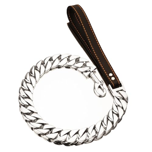 Hundekettenleine, Silberfarben,Edelstahl,32mm,Kubanische Glieder Hundeleine Mit Bequemem Griff Aus Echtem Leder FüR Welpen, MittelgroßE Und GroßE Hunde(Size:60cm) von YHJLZNA