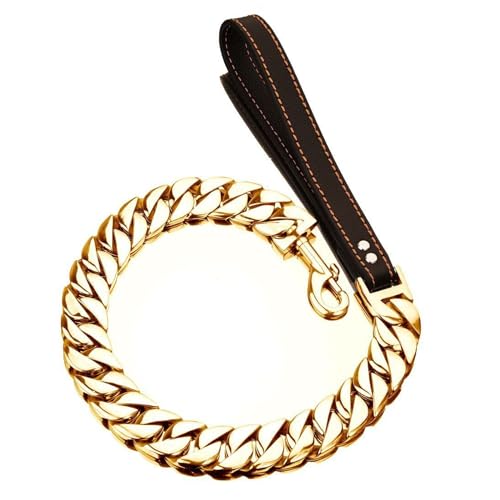 Starke Goldene Hundeleine,Edelstahl,32mm,Curb Cuban Link, Hundeleine, Training,Gehen,Mit Bequemem Griff Aus Echtem Leder FüR GroßE, MittelgroßE Und Kleine Hunde(Size:50cm) von YHJLZNA