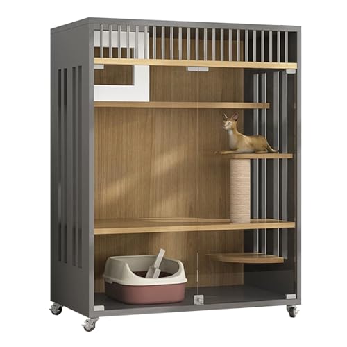 YHWKGZ Katzenkäfig, Extragroßer Katzengehege Aus Massivholz, Mit belüftungszaun, Panoramascheibe Aus Gehärtetem Glas, DIY-Katzenlaufstall perfekt for 1-2 Katzen(Gray,35.4x50/90x127cm) von YHWKGZ