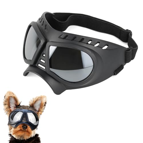 YHZNAGEM Hundebrille für Kleine Hunde, Hunde Sonnenbrille Einstellbar Hundebrille UV-Schutz Wasserdicht Winddicht Schneeschutz Gummiband Hunde Motorradbrille (Silber) von YHZNAGEM