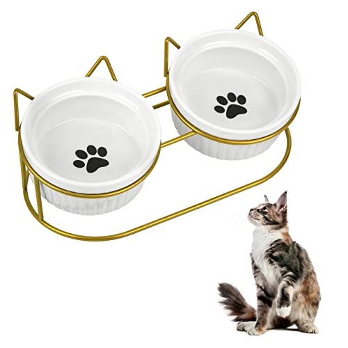 YHmall Katzennapf Doppel Futternapf Katze und Wassernapf Set aus Keramik mit Stahlrahmen, Kremik Fressnapf Katzen für Katzen und Kleine Hunde MEHRWEG von YHmall