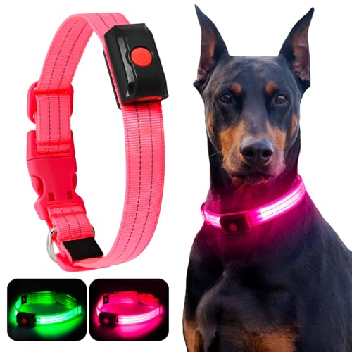 YIAZIM Leuchthalsband Hund Aufladbar, Einstellbare LED Halsband Hund für Kleine Mittlere Große Hund, Hunde Leuchthalsband für Nächtliche Spaziergänge USB Wiederaufladbare (Rosa, L) von YIAZIM