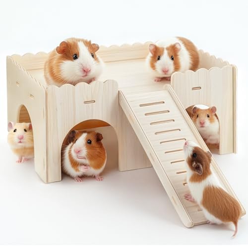 YIBEBE Groß Meerschweinchen Haus Mit Rampe: Meerschweinchen Spielzeug Zubehoer - Meerschweinchen Versteck Aus Holz für Kleine Haustiere Zwerghamster Rennmäuse Degus Stachelmäuse (Wood) von YIBEBE