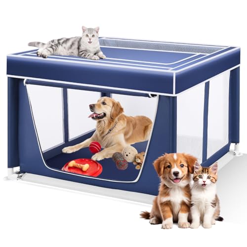 Yibonika Welpenauslauf mit Abnehmbarem Dach, Extra Groß Welpenlaufstall Hundekäfig 106 x 106 x 69 cm, Rahmen aus PVC-Rohren Hundegehegezelt für den Innen- und Außenbereich, blau von YIBONIKA