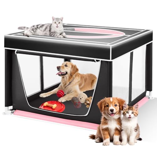 Yibonika Welpenauslauf mit Abnehmbarem Dach, Extra Groß Welpenlaufstall Hundekäfig 106 x 106 x 69 cm, Rahmen aus PVC-Rohren Hundegehegezelt für den Innen- und Außenbereich, schwarz & rosa von YIBONIKA