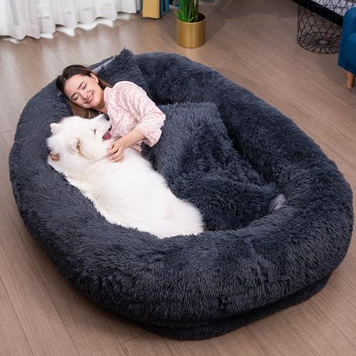 YICLO Hundebett für Erwachsene, 190,5 x 121,9 x 35,6 cm, Hundebett, Sitzsack-Bett, waschbares und abnehmbares Kunstfell-Hundebett für Menschen mit Decke und Kissen, orthopädisches Hundebett, von YICLO