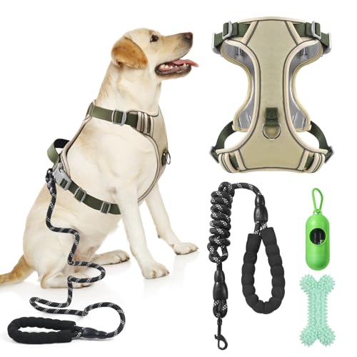 YIJISKY Hunde-Brustgeschirr-Set, Hundegeschirr für große Hunde, Diensthundegeschirr, Hundeweste, strapazierfähiges Hundegeschirr, Hundegeschirr und Leine (Khaki, Größe L) von YIJISKY