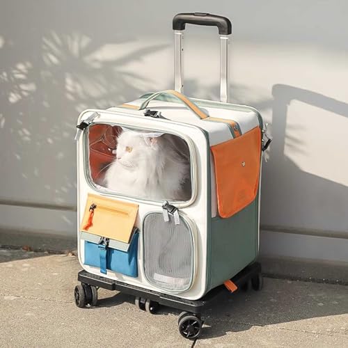 Katzen Transportbox Trolley für 2 Katzen und kleine Hunde, Transporttasche Katze mit Rollen, Faltbarer Hundebox Haustiertragerucksack, Haustier Trolley Hundereisetasche für Autoreisen oder Ausflüge von YIMBFCA