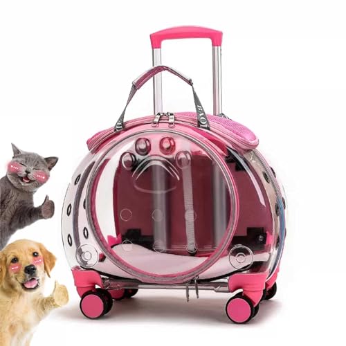 Transporttasche mit Rollen für Katze und Hunde, Transparent Tragetasche mit Teleskopgriff, Katzentransporttasche Haustiertrage Transportbox mit Trolley für Kleine Mittelgroße Hund und Katzen von YIMBFCA