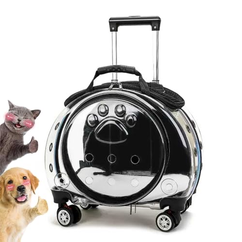 Transporttasche mit Rollen für Katze und Hunde, Transparent Tragetasche mit Teleskopgriff, Katzentransporttasche Haustiertrage Transportbox mit Trolley für Kleine Mittelgroße Hund und Katzen von YIMBFCA