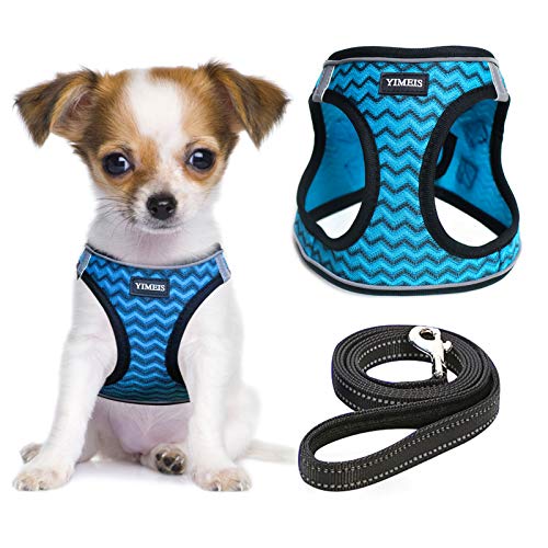 YIMEIS Hundegeschirr und Leine Set, No Pull Soft Mesh Pet Harness Reflektierende Verstellbare Welpen Weste für Kleine Hunde Katzen (S, Blau) von YIMEIS