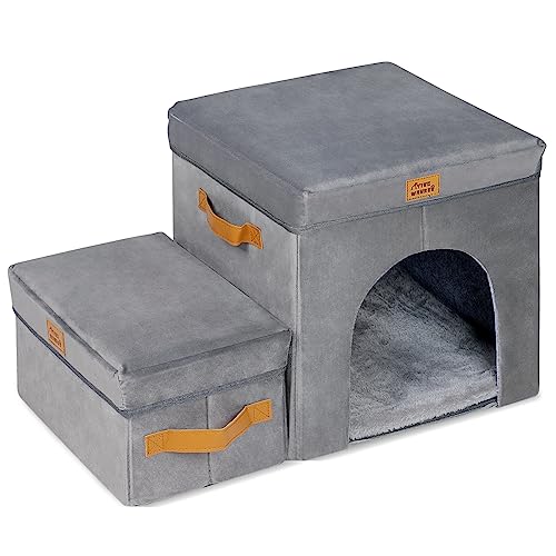 YingWahKee 35,6 cm H Haustiertreppe Treppe mit Stauraum & Höhle, faltbare Hundetreppe Stufen für Hochbett & Couch & Fensterbank, rutschfeste Haustierrampe Leiter für Katzen & kleine und mittelgroße von YINGWAHKEE