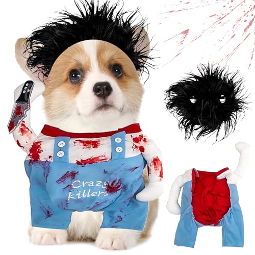 Halloween Hundekleidung, Halloween Verkleidungen Kostüme für Hunde, Blutiges Hundekostüm für Halloween, Hundekostüm Tödliche Puppe mit Perücke und Schaumstoffmesser, für Halloween Party Cosplay von YISKY