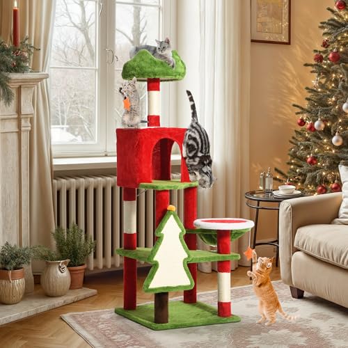 YITAHOME 137cm großer Kratzbaumturm mit Eigentumswohnungen, oberen Sitzstangen, Hängematte, Pfosten und Sisal-Kratzbrett, Kätzchenspiel-Aktivitätscenter, Weihnachtsdekoration von YITAHOME