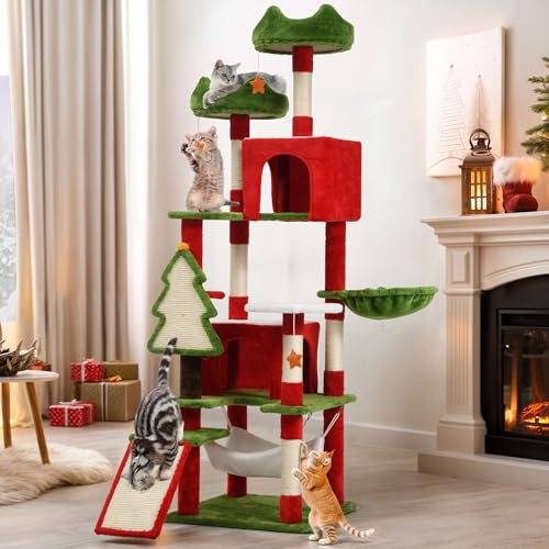 YITAHOME 190 cm großer Kratzbaumturm mit Eigentumswohnungen, oberen Sitzstangen, Hängematte, Pfosten und Sisal-Kratzbrett, Kätzchenspiel-Aktivitätscenter, Weihnachtsdekoration von YITAHOME