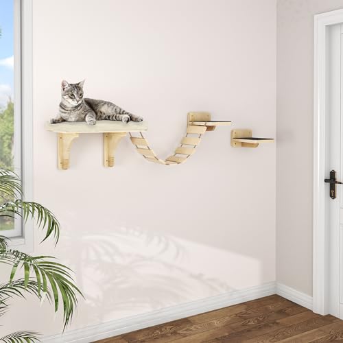 YITAHOME 4 Stück Kletterwand Katzen, Hölzerne Katzentreppe Wand, Wandliege Katzen, Hölzerner Kratzbaum mit Katzenbrücke, Extra Dickes und Weiches Katzenbett, rutschfeste Matte von YITAHOME