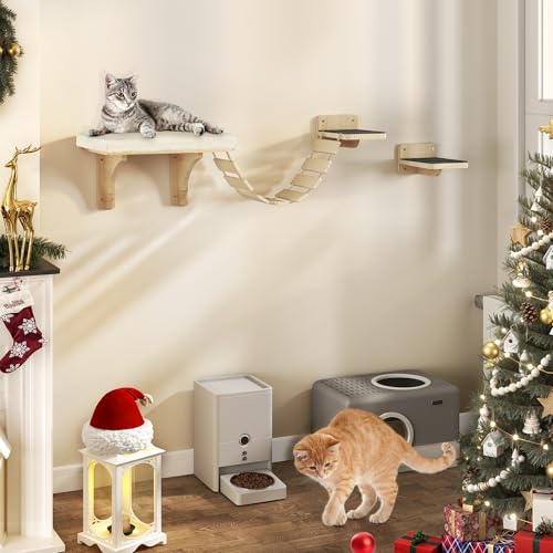 YITAHOME 4er Set Klettergerüst für Katzen, Holz-Wandtreppe für Katzen, Wandliegefläche für Katzen, Holz-Kratzbaumkombination mit Übergang, Extradickes und weiches Katzenkissen, rutschfeste Matte von YITAHOME