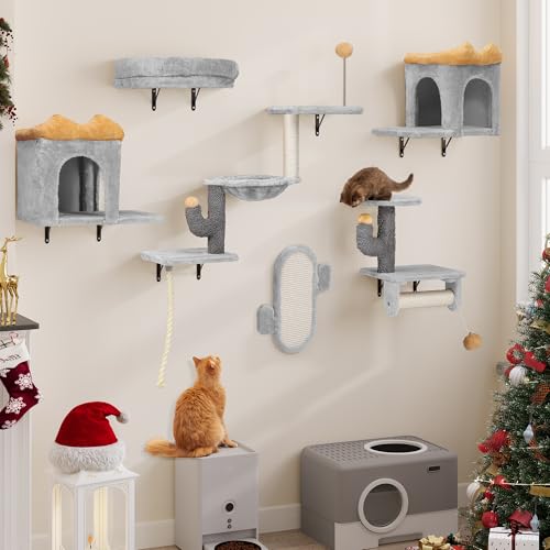 YITAHOME 7 PCS Katzenkletterwand-Set, stabiles Plüsch-Klettergerüst für Katzen, Katzenklettergerüst-Spieltürme mit Katzenhaus, Katzenhängematte und hängendem Ball, Hellgrau & Gelb von YITAHOME