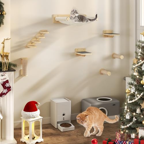 YITAHOME 7PCS Kletterwand Katzen, Hölzerne Katzenwandmöbel, Katzenkletterbaum, Hölzerner Kratzbaum mit 3 Sisal-bezogenen Säulen/4-Stufige Katzentreppe Wand mit Kratzbaum/Hängematte von YITAHOME