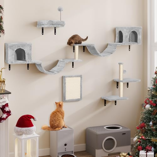 YITAHOME 8 PCS Katzenkletterwand-Set, Stabiles Plüsch-Klettergerät für Katzen, Katzenklettergerüst Spieltürme mit Kratzbäumen, Katzenhaus, Katzenbrücke, Katzentreppe und Hängeball, Hellgrau von YITAHOME