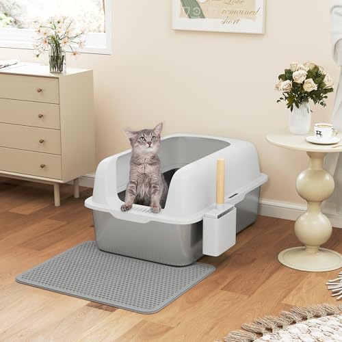 YITAHOME Edelstahl Katzenklo 30L XXL Extra Groß Katzentoilette- rutschfeste Hochwand | Anti-Streu-Fußmatte | Leicht zu Reinigende Antihaft-Oberfläche | 60x40x30cm (Grau) von YITAHOME