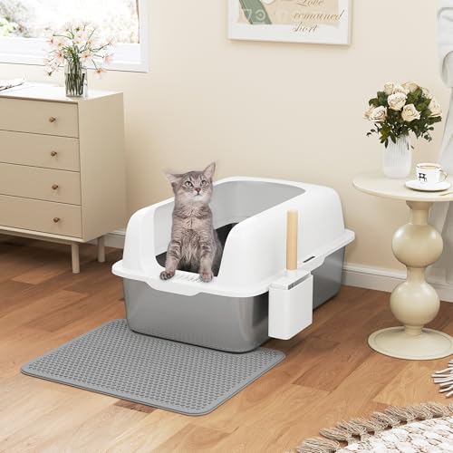 YITAHOME Edelstahl Katzenklo 30L XXL Extra Groß Katzentoilette- rutschfeste Hochwand | Anti-Streu-Fußmatte | Leicht zu Reinigende Antihaft-Oberfläche | 60x40x30cm (Weiß) von YITAHOME