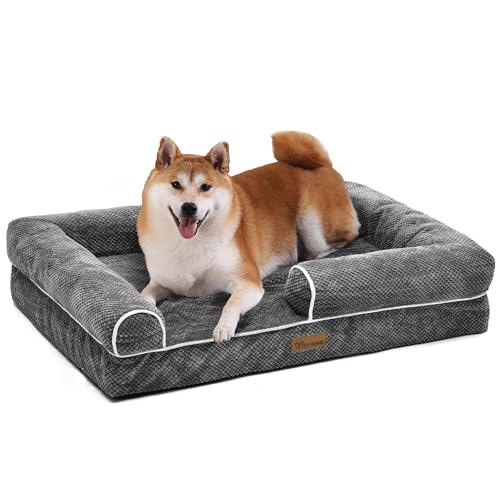 YITAHOME Hundebett Ergonomisches Hundesofa - 89x63 cm Hundecouch weicher Kleiner Maiskernplüsch,Dichte seitliche Polsterung,für Hunde mittlerer Größe,waschbar rutschfest Hundebetten, grau von YITAHOME