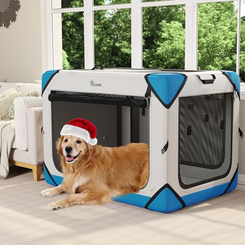 YITAHOME Hundebox Hundetransportbox faltbar, Reisebox Hundetasche mit weichem Kissen, Haustierhütte aus 600D-Stoff, Transportbox Transporttasche für Haustiere, Hunde und Katzen, Grau, 106,6x78x78 cm von YITAHOME